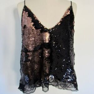 Free People Metallic Sequin Top Lace PS Cami Black Copper Petite Small